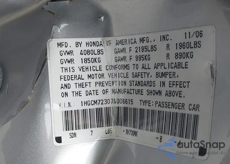 2007 Honda Accord 2.4 Lx из США, поврежденный, VIN 1HGCM72307A006615